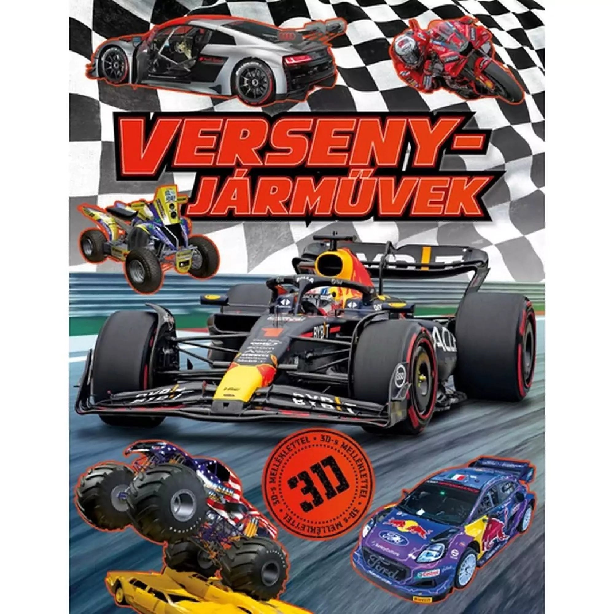 A "Versenyjárművek - 3D" könyv színes borítója, amely a motorsport különböző járműveit ábrázolja.