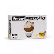Versuri Preistorice társasjáték doboza, humoros barlanglakó illusztrációval, 2–8 játékos részére, Exploding Kittens kiadás