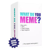 „What Do You Meme? Új kiadás társasjáték fehér doboza, színes logóval, GIF-eket, új fotókat és friss képaláírásokat tartalmaz.”