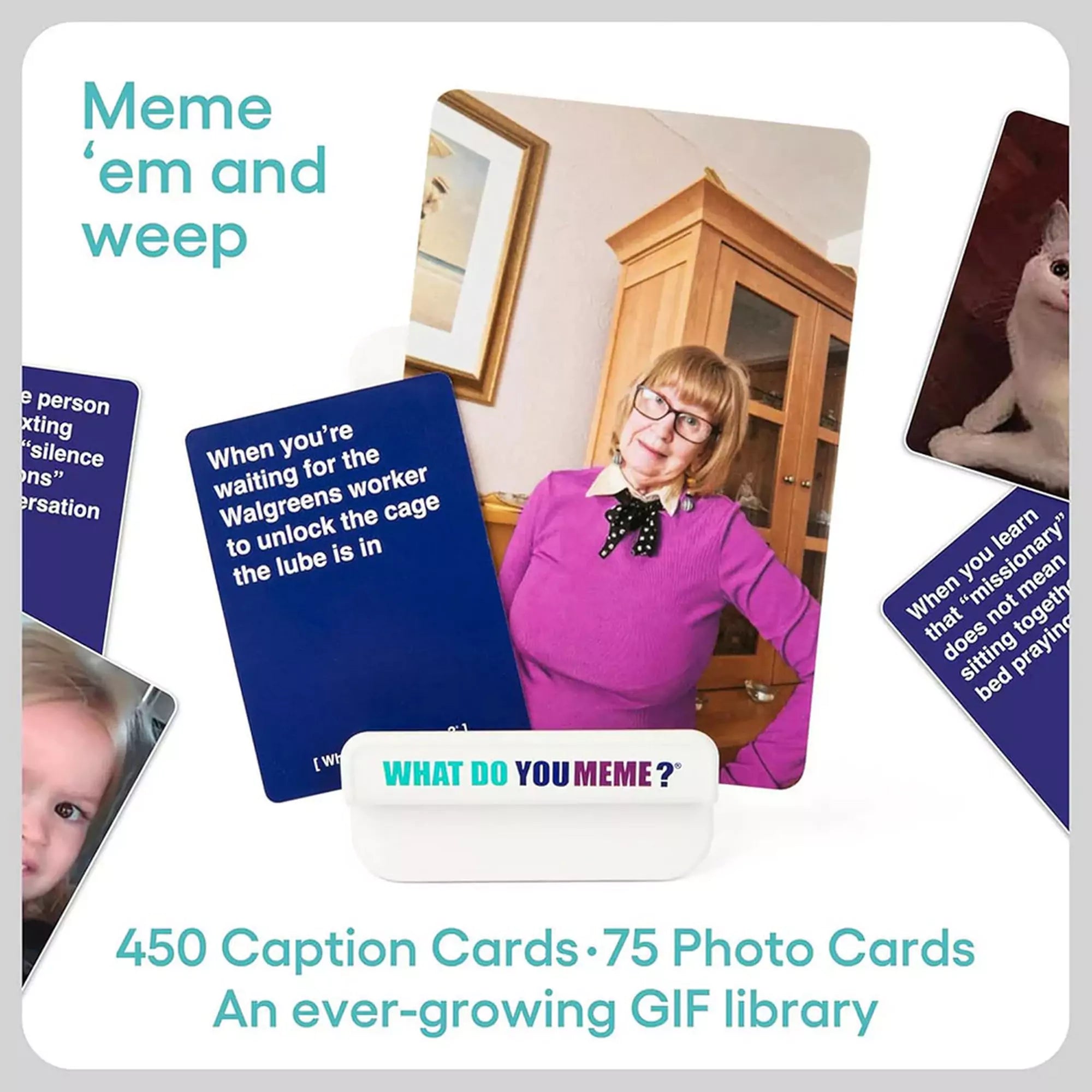 „What Do You Meme? Új kiadás tartalma: 450 szöveges kártya, 75 fotókártya és GIF könyvtár, humoros képkombinációkhoz.”