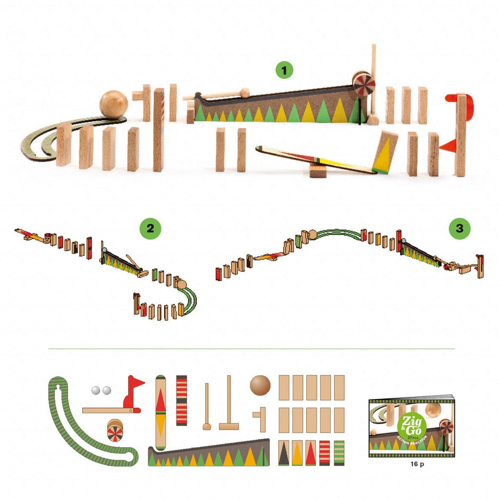 Djeco Zig & Go "Nagy golyó", 27 darabos készlet - a harom lehetseges palya fellalitas es a kep also reszeben felrsorakoztatva a keszlet osszes darabja