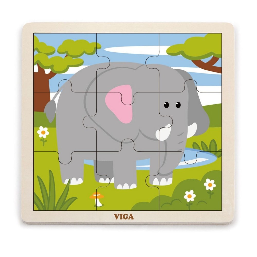 Puzzle din lemn cu 9 piese, Elefant, Viga