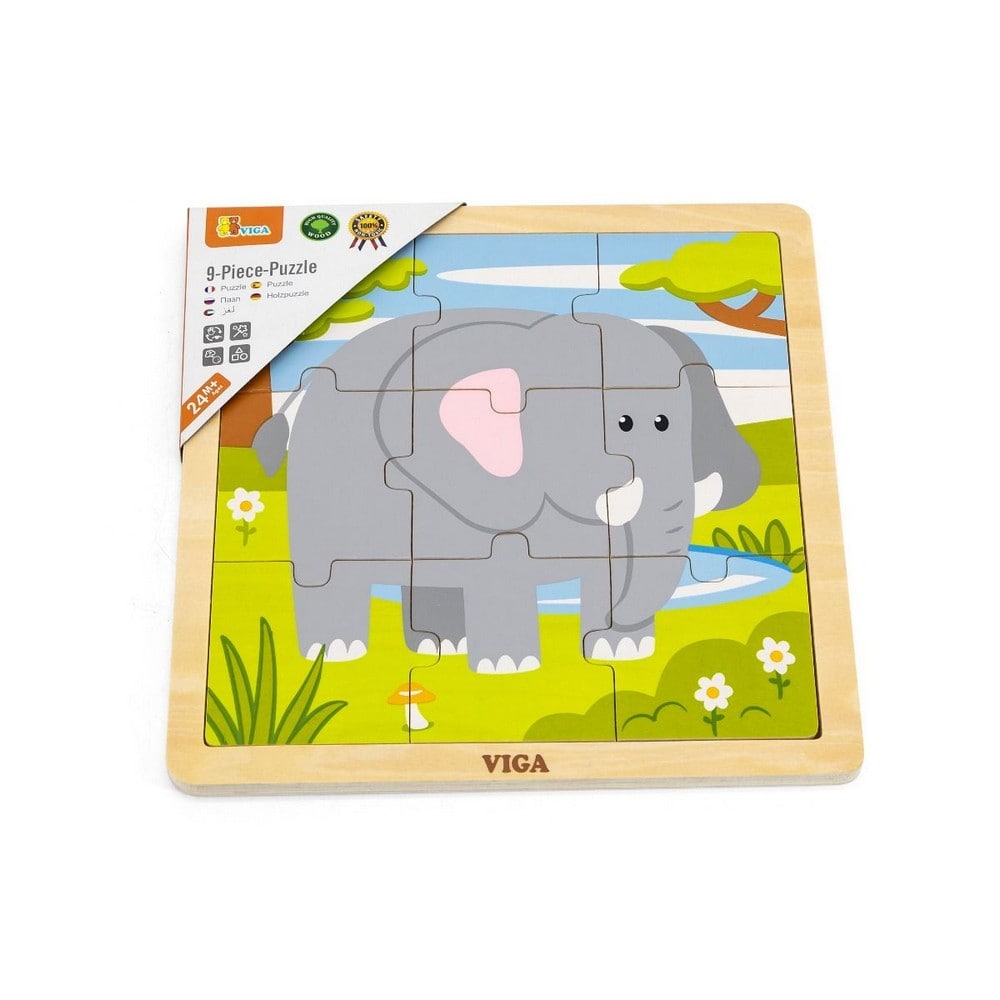 Puzzle din lemn cu 9 piese, Elefant, Viga