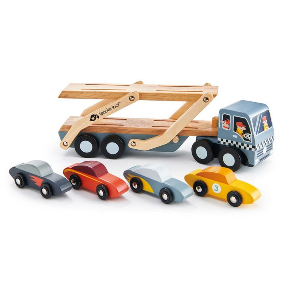 Platforma Auto Sport, cu 5 piese, din lemn premium - Car Transporter - Tender Leaf Toys