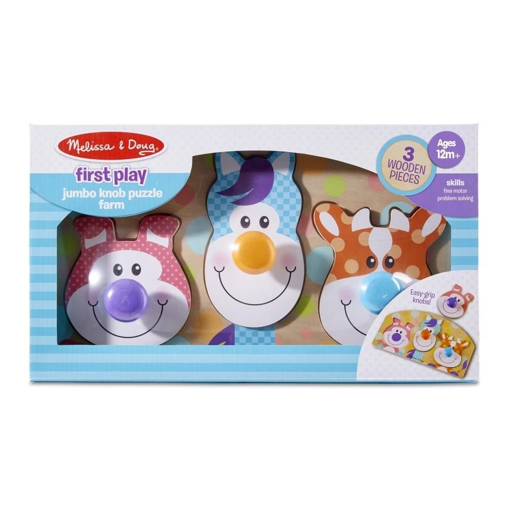 Melissa & Doug Joc pentru bebeluși și copii care merg, Puzzle mare cu buton, animale de fermă