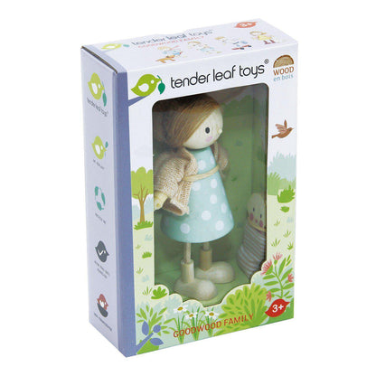Figurină Doamna Goodwood cu bebeluș în marsupiu, din lemn premium - cu membre ajustabile - Tender Leaf Toys-Tender Leaf Toys-1-Jocozaur