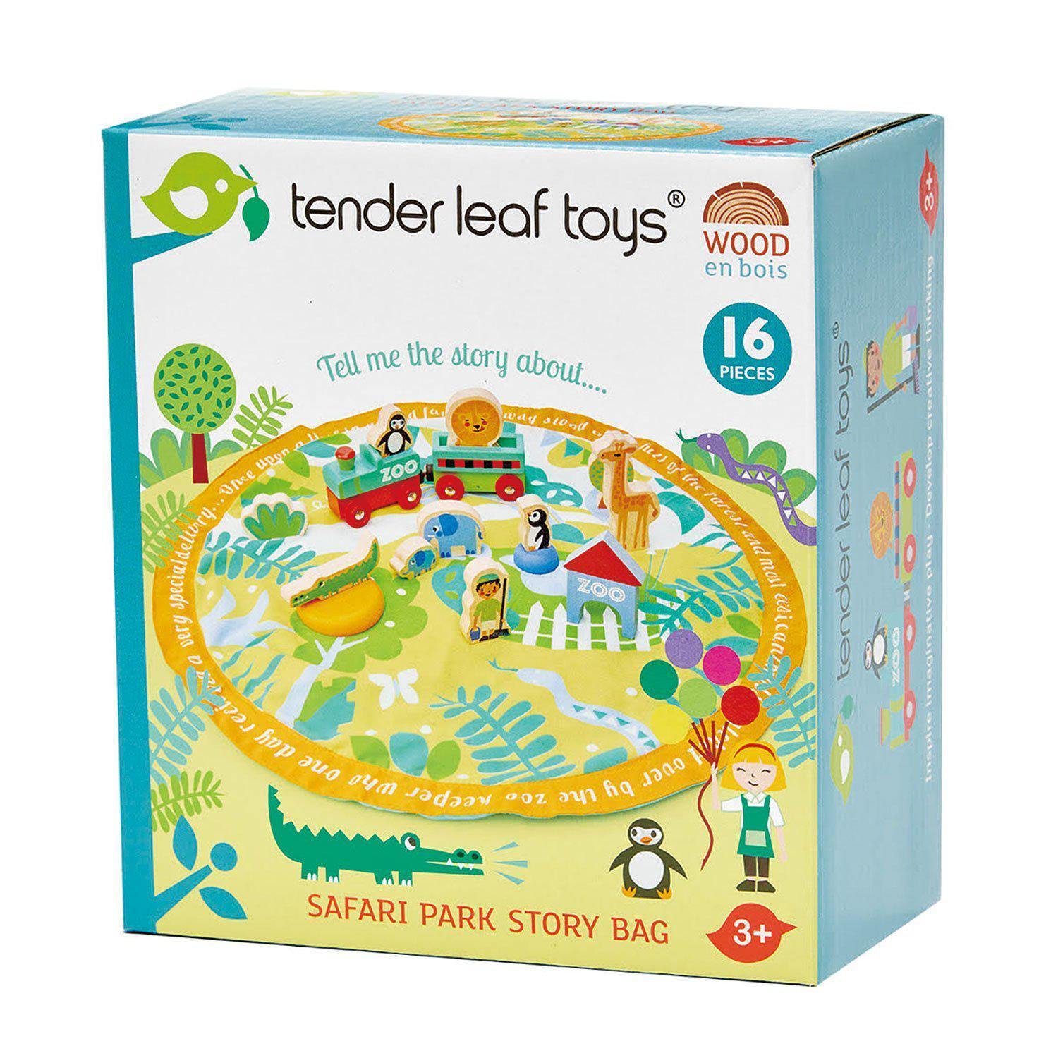 Sacul cu povești din safari, din lemn premium - Safari park story bag - 16 piese - Tender Leaf Toys-Tender Leaf Toys-1-Jocozaur
