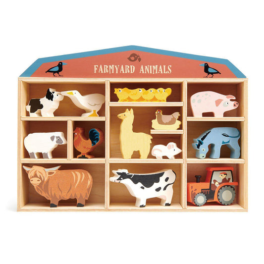 Animale domestice pe raft, din lemn premum - Farmyard set - 13 piese - Tender Leaf Toys-Tender Leaf Toys-1-Jocozaur