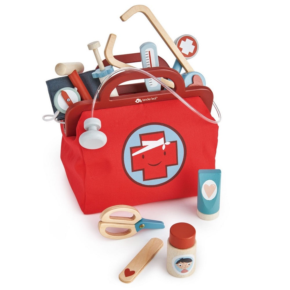Geanta medicala rosie, cu 16 instrumente medicale din lemn premium - Doctor's Bag - Tender Leaf Toys