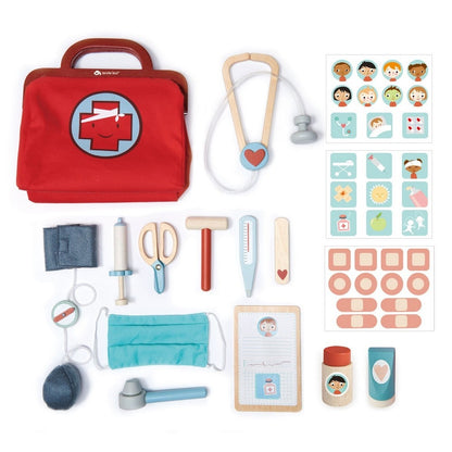 Geanta medicala rosie, cu 16 instrumente medicale din lemn premium - Doctor's Bag - Tender Leaf Toys